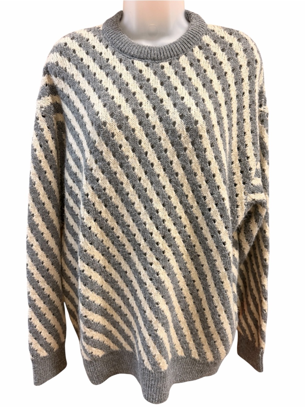Zara Gray and Cream Diagonal Stripe Crewneck Sweater